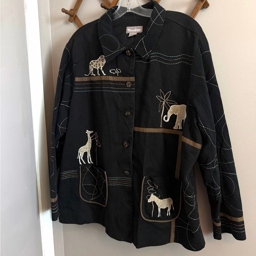 Tanjay Vintage 3X Safari Animal Embroidered Jacket Black Cotton Art Teacher